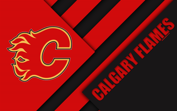 Calgary Flames, 4k, materiaali suunnittelu, logo, NHL, punainen musta abstraktio, linjat, American hockey club, Calgary, Alberta, Kanada, USA, National Hockey League