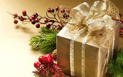 Presente de natal, ouro embalagem, Ano Novo, 2018, Decora&#231;&#245;es, golden bow