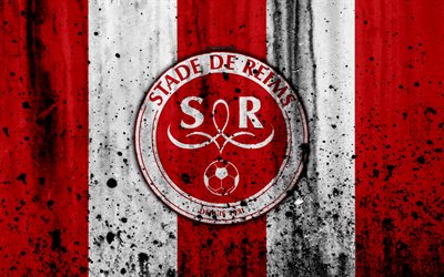 FC Stade Reims, 4k, logo, Ligue 2, textura de pedra, Fran&#231;a, Stade De Reims, grunge, futebol, clube de futebol, Liga 2, Stade de Reims FC