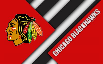 Chicago Blackhawks de Chicago, Illinois, etats-unis, 4k, la conception de mat&#233;riaux, le logo, la LNH rouge de l&#39;abstraction, de lignes, de l&#39;Am&#233;rique du club de hockey, la Ligue Nationale de Hockey