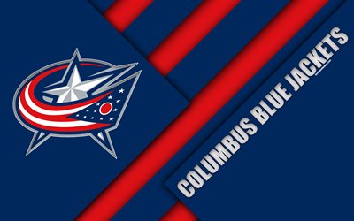 Columbus Blue Jackets, 4k, material och design, logotyp, NHL, bl&#229; r&#246;d abstraktion, linjer, American hockey club, Columbus, Ohio, USA, National Hockey League