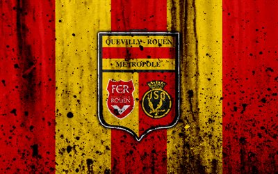FC Rouen, 4k, logo, Ligue 2, FCR, stone texture, France, Rouen, grunge, soccer, football club, Liga 2, Rouen FC