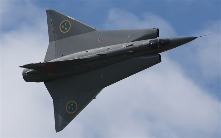 Saab 35 Draken, 4k, Swedish supersonic fighter, military aircraft, Swedish Air Force, Saab
