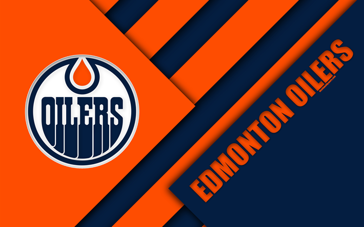 Edmonton Oilers, Edmonton, Kanada, 4k, materiaali suunnittelu, logo, NHL, oranssi sininen abstraktio, linjat, hockey club, USA, National Hockey League