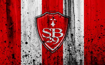 FC Brestois, 4k, logo, Ligue 2, stone texture, ASNL, France, Stade Brestois 29, grunge, soccer, football club, Liga 2, Brestois FC