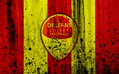 FC Orleans, 4k, logo, Ligue 2, pietra, texture, Francia, US Orleans, grunge, calcio, squadra di calcio, Liga 2, Orleans FC
