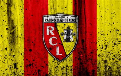 Le FC Lens, 4k, le logo de la Ligue 2, la texture de pierre, ASNL, la France, le RC Lens, grunge, football, club de football, Liga 2, Lens FC