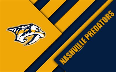 Nashville Predators, 4k, materiaali suunnittelu, logo, NHL, sininen keltainen abstraktio, linjat, American hockey club, Nashville, Tennessee, USA, National Hockey League