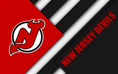 New Jersey Devils, 4k, materiaali suunnittelu, logo, NHL, punainen musta abstraktio, linjat, American hockey club, Newark, New Jersey, USA, National Hockey League