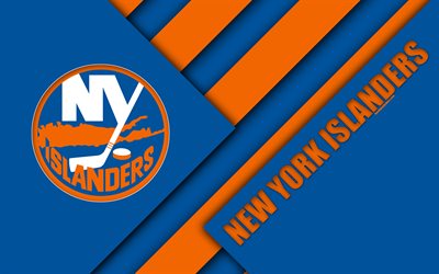 New York Islanders, 4k, material design, logo, NHL, blu, arancio astrazione, linee, American hockey club, Brooklyn, NY, stati UNITI, National Hockey League