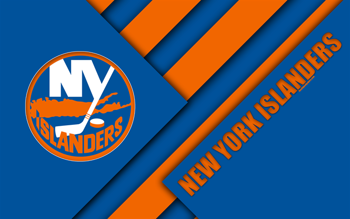 New York Islanders, 4k, malzeme tasarımı, logo, NHL, mavi, turuncu soyutlama, hatları, Amerikan hokey kul&#252;b&#252;, Brooklyn, NY, ABD Ulusal Hokey Ligi
