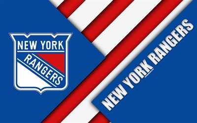 New York Rangers, NHL, 4k, material design, logo, astrazione blu, lines, American hockey club, NY, stati UNITI, National Hockey League