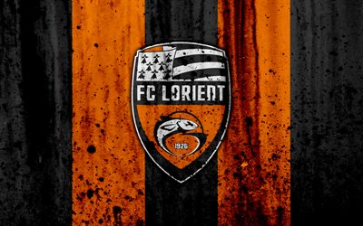 FC Lorient, 4k, logo, Ligue 2, stone texture, France, Lorient, grunge, soccer, football club, Liga 2, Lorient FC