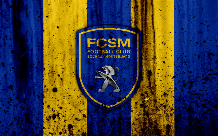 2 FC Sochaux, 4k, logo, 2 Lig, taş doku, Fransa, FCSM, Sochaux, grunge, futbol, futbol kul&#252;b&#252;, Lig, Sochaux FC