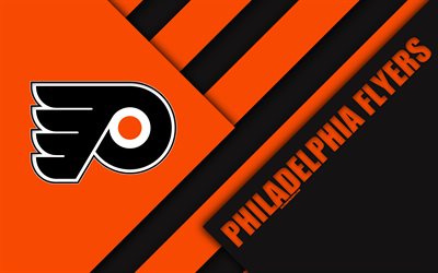 Philadelphia Flyers NHL, 4k, malzeme tasarımı, logo, turuncu, siyah, soyutlama, &#231;izgiler, Amerikan hokey kul&#252;b&#252;, Philadelphia, Pennsylvania, ABD Ulusal Hokey Ligi