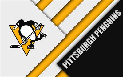 Pittsburgh Penguins, NHL, 4k, malzeme tasarımı, logo, beyaz, siyah, soyutlama, &#231;izgiler, Amerikan hokey kul&#252;b&#252;, Pittsburgh, Pennsylvania, ABD Ulusal Hokey Ligi