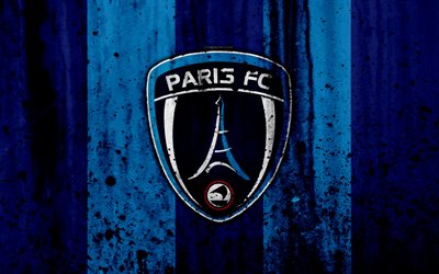 FC Paris, 4k, logo, Ligue 2, stone texture, France, Paris, grunge, soccer, football club, Liga 2, Paris FC