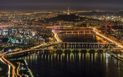 Seul, luzes da cidade, noite, Coreia Do Sul, ponte