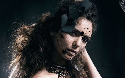 Nina Dobrev, Canadian actress, photoshoot, face, black veil, The Vampire Diaries