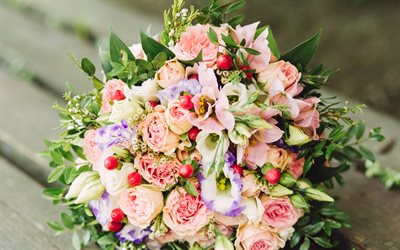 結婚式の花束, コギキョウ, ピンク色のバラ, ブライダルブーケ, 結婚式の概念