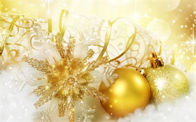 New Year, golden snowflake, Christmas, decoration, Christmas balls