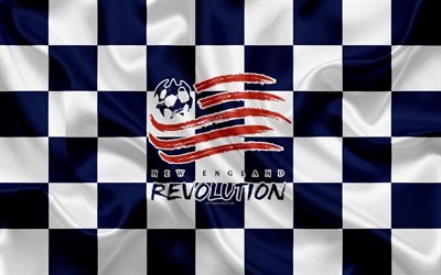 new england revolution, 4k, logo, kunst, blau und wei&#223; karierten flagge, american soccer club, mls, emblem, seide textur, massachusetts, usa, fu&#223;ball, major league soccer