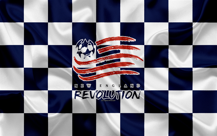نيو انغلاند الثورة, 4k, شعار, الفنون الإبداعية, الأزرق والأبيض العلم متقلب, نادي كرة القدم الأمريكية, MLS, نسيج الحرير, ماساتشوستس, الولايات المتحدة الأمريكية, كرة القدم, دوري كرة القدم