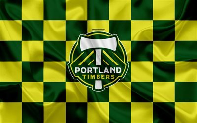 Portland Timbers, 4k, logo, arte criativa, verde amarelo bandeira quadriculada, Americano Futebol clube, MLS, emblema, textura de seda, Portland, Oregon, EUA, futebol, Major League Soccer