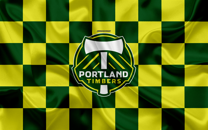 Portland Timbers, 4k, logo, creative art, green yellow checkered flag, American Soccer club, MLS, emblem, silk texture, Portland, Oregon, USA, football, Major League Soccer