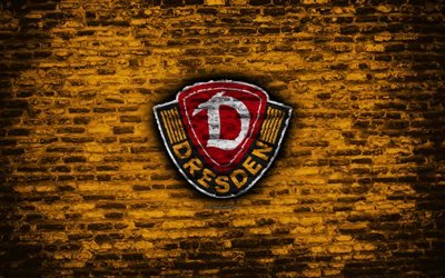 Dynamo Dresden FC, logo, giallo, muro di mattoni, Bundesliga 2, squadra di calcio tedesca, calcio, texture di mattoni, Dinamo Dresda, Germania