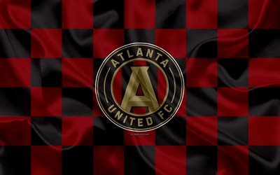 Atlanta United FC, 4k, logo, creative art, burgundy black checkered flag, American Soccer club, MLS, emblem, silk texture, Atlanta, Georgia, USA, football, Major League Soccer