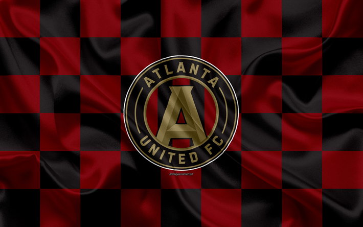 Atlanta United FC, 4k, logo, yaratıcı sanat, bordo siyah damalı bayrak, Amerikan Futbol Kul&#252;b&#252;, İLKAY, amblem, ipek doku, Atlanta, Georgia, ABD, futbol, Major League Soccer