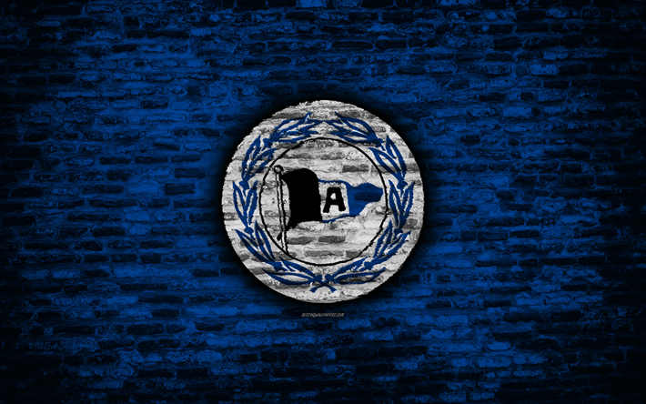 Arminia Bielefeld FC, el logotipo, el azul de la pared de ladrillo, de la Bundesliga 2, club de f&#250;tbol alem&#225;n, f&#250;tbol, DSC Arminia Bielefeld, el f&#250;tbol, la textura de ladrillo, Arminia Bielefeld logotipo, Alemania