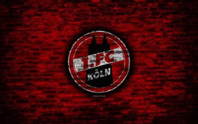 FC K&#246;ln, logo, kırmızı tuğla duvar, 2 Bundesliga, Alman Futbol Kul&#252;b&#252;, futbol, tuğla doku, logo K&#246;ln, Almanya