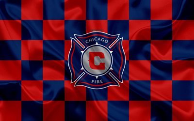 Chicago Fire SC, 4k, logo, art cr&#233;atif, bleu, rouge du drapeau &#224; damier, American Football club de la MLS, l&#39;embl&#232;me, la texture de la soie, Chicago, Illinois, etats-unis, de football, de la Ligue Majeure de Soccer