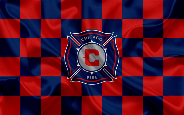 Chicago Fire SC, 4k, logo, arte criativa, azul vermelho bandeira quadriculada, Americano Futebol clube, MLS, emblema, textura de seda, Chicago, Illinois, EUA, futebol, Major League Soccer