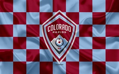 Colorado Rapids, 4k, logo, creative art, burgundy blue checkered flag, American Soccer club, MLS, emblem, silk texture, Denver, Colorado, USA, football, Major League Soccer