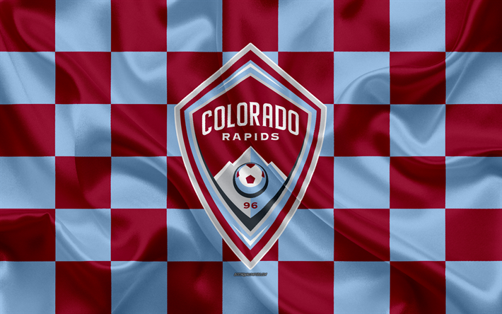 Colorado Rapids, 4k, logo, creative art, viininpunainen sininen ruudullinen lippu, American Soccer club, MLS, tunnus, silkki tekstuuri, Denver, Colorado, USA, jalkapallo, Major League Soccer