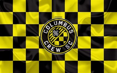 Columbus Crew SC, 4k, logo, creative art, yellow black checkered flag, American Soccer club, MLS, emblem, silk texture, Columbus, Ohio, USA, football, Major League Soccer