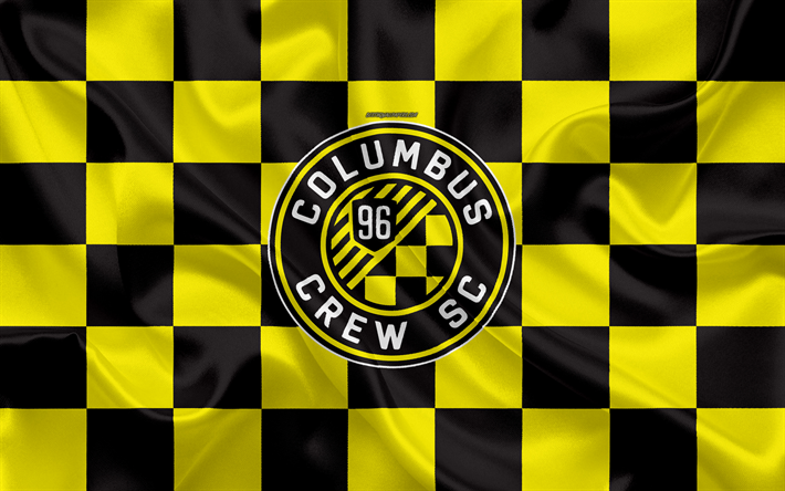 Columbus Crew SC, 4k, logo, arte criativa, amarelo preto bandeira quadriculada, Americano Futebol clube, MLS, emblema, textura de seda, Colombo, Ohio, EUA, futebol, Major League Soccer