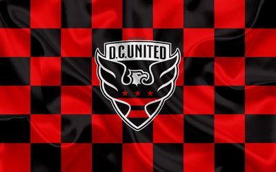 DC United, 4k, logo, creative art, red black checkered flag, American Soccer club, MLS, emblem, silk texture, Washington, USA, football, Major League Soccer