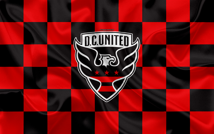 DC United, 4k, logo, creative art, punainen musta ruudullinen lippu, American Soccer club, MLS, tunnus, silkki tekstuuri, Washington, USA, jalkapallo, Major League Soccer