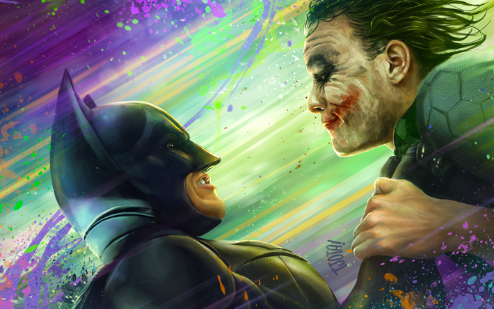Joker vs Batman, la bataille, les super-h&#233;ros, illustration, Batman, le Joker, superheroe vs anti-h&#233;ros de DC Comics, l&#39;anti-h&#233;ros