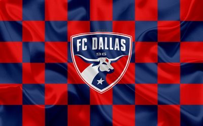 O FC Dallas, 4k, logo, arte criativa, vermelho azul bandeira quadriculada, Americano Futebol clube, MLS, emblema, textura de seda, Dallas, Texas, EUA, futebol, Major League Soccer