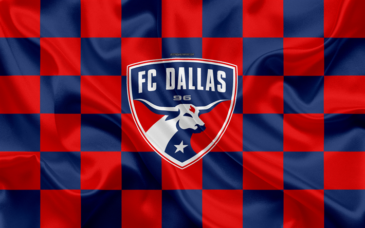 Le FC Dallas, 4k, logo, art cr&#233;atif, rouge, bleu drapeau &#224; damier, American Football club de la MLS, l&#39;embl&#232;me, la texture de la soie, Dallas, Texas, etats-unis, de football, de la Ligue Majeure de Soccer