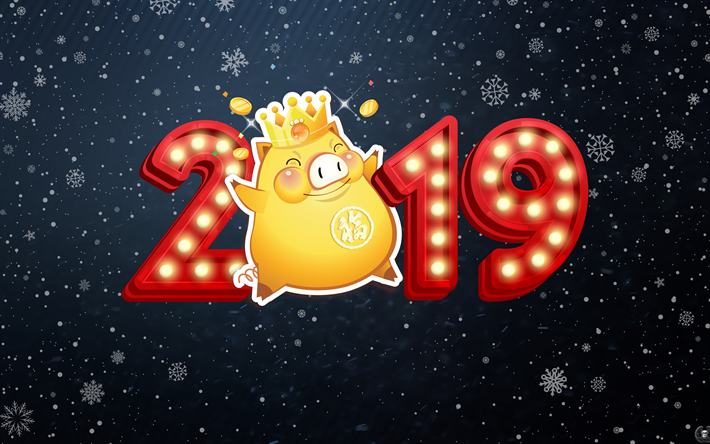 Feliz Ano Novo, 2019, amarelo porquinho, 3d retro l&#226;mpadas, 2019 conceitos