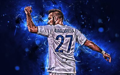 Fabio Quagliarella, baksida, Sampdoria FC, vit uniform, fotboll, Serie A, Quagliarella, Italienska fotbollsspelare, neon lights, kreativa