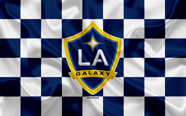 Los Angeles Galaxy, 4k, logo, creative art, white blue checkered flag, American Soccer club, MLS, emblem, silk texture, Los Angeles, California, USA, football, Major League Soccer, LA Galaxy