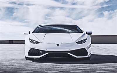 4k, Lamborghini Huracan, vista de frente, 2018 coches, supercars, blanco de Huracan, Lamborghini