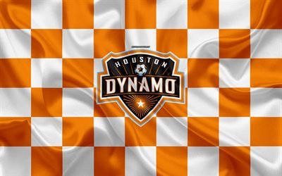 Houston Dynamo, 4k, logo, arte criativa, branco laranja bandeira quadriculada, Americano Futebol clube, MLS, emblema, textura de seda, Houston, Texas, EUA, futebol, Major League Soccer